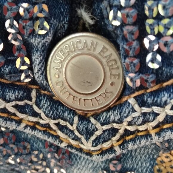 AEO Super Stretch Kickboot Jeans Back Buttoned Flap Sequined Pockets  Sz 00 - Picture 1 of 10